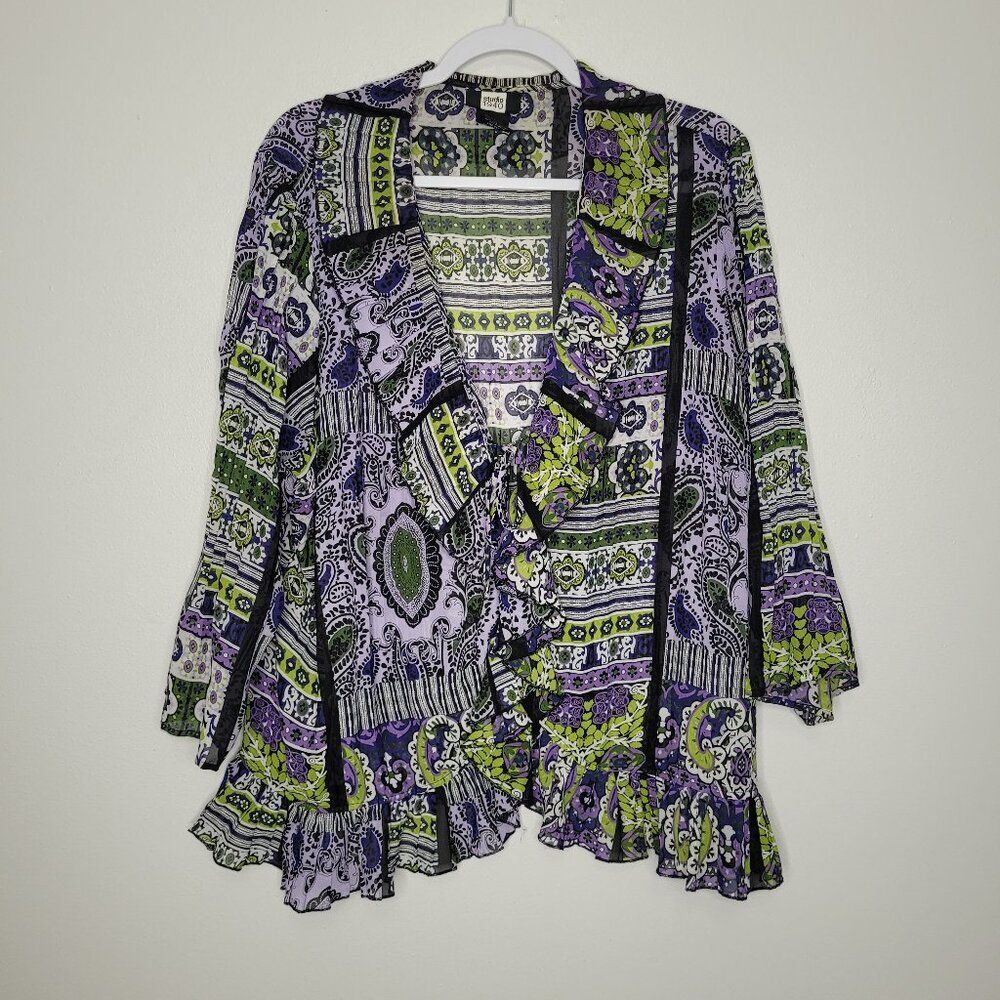 Vintage y2k green purple semi sheer bright artsy ruffle maximalist blouse 22/24
